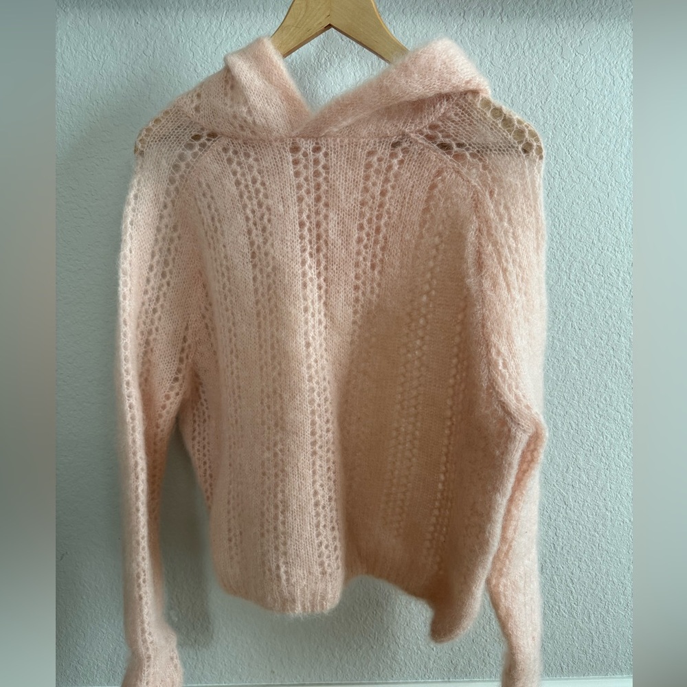 Sezane Theodore Kid Mohair Blend Open Knit Hooded Sweater (Nude) Size S